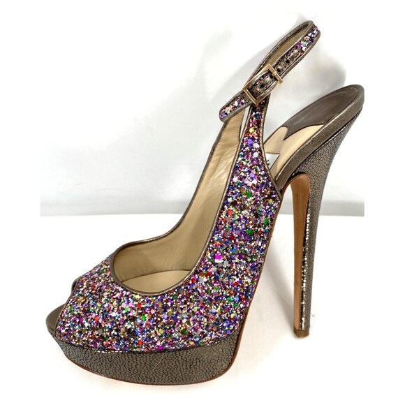 Jimmy Choo CLUE Glitter Gold Slingback Platform Open Toe Sandals Shoes Sz 38.5 - Picture 5 of 16